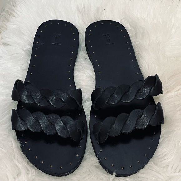 Frye Shoes - Frye Azalea Black Leather Braid Slide Flat Sandals Size 8.5